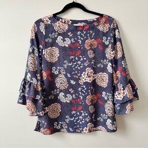 LOFT Navy Floral Ruffle Sleeve Blouse